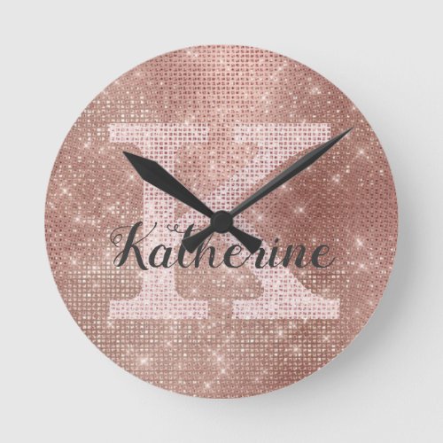 Girly Rose Gold Glitter Sparkle Glam Monogram Name Round Clock