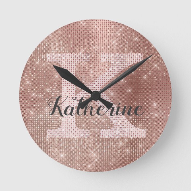 Girly Rose Gold Glitter Sparkle Glam Monogram Name Round Clock (Front)