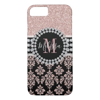 Girly Rose Gold Glitter Sparkle Monogram Name Iphone 8/7 Case by DamaskGallery at Zazzle