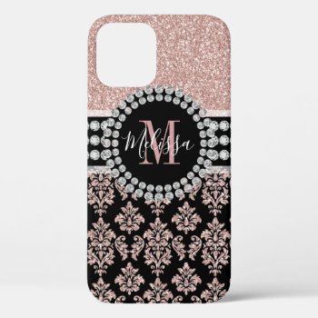 Girly Rose Gold Glitter Sparkle Monogram Name Iphone 12 Pro Case by DamaskGallery at Zazzle