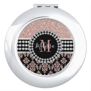 Girly Rose Gold Glitter Sparkle Monogram Name Compact Mirror