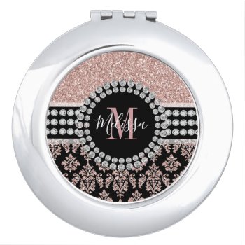 Girly Rose Gold Glitter Sparkle Monogram Name Compact Mirror by DamaskGallery at Zazzle