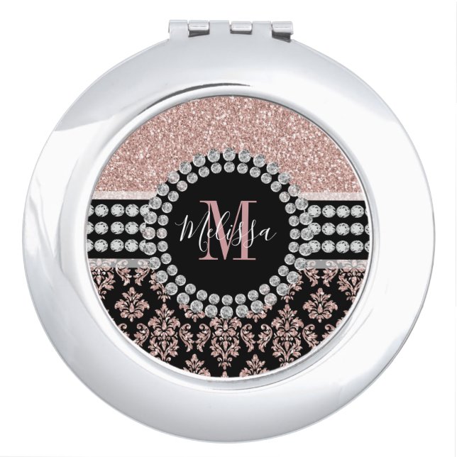 Girly Rose Gold Glitter Sparkle Monogram Name Compact Mirror (Front)