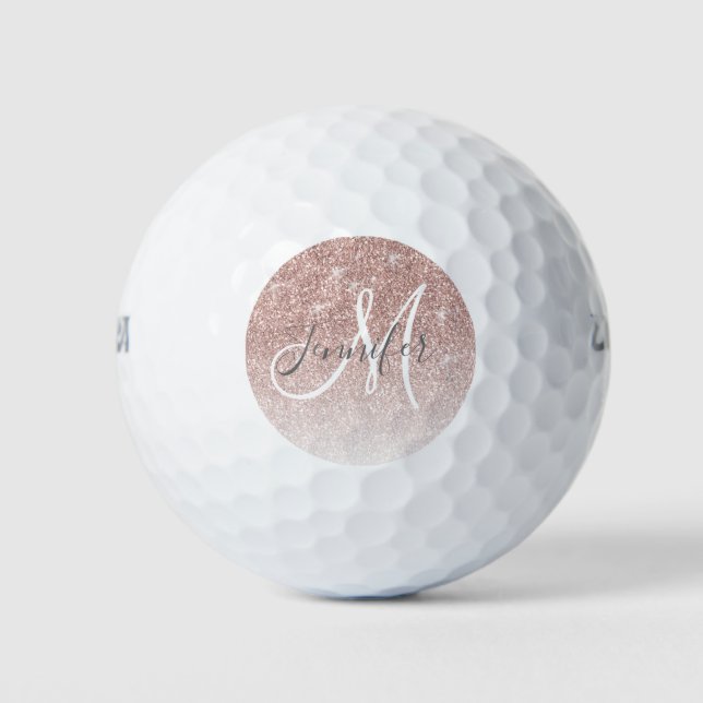Girly Rose Gold Glitter Sparkle Monogram Name Golf Balls (Front)