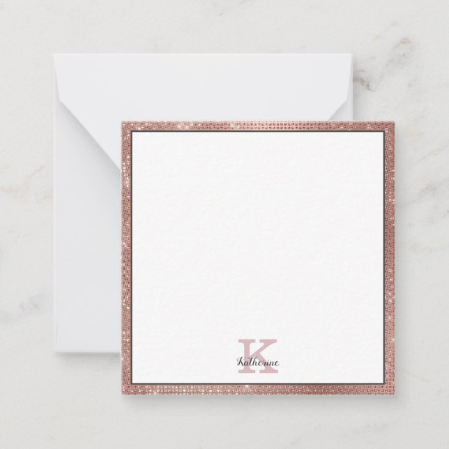 Girly Rose Gold Glitter Sparkle Monogram Name Note (Front)