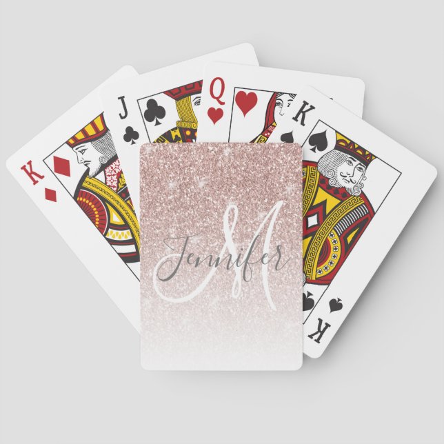 Girly Rose Gold Glitter Sparkle Monogram Name Poker Cards (Back)