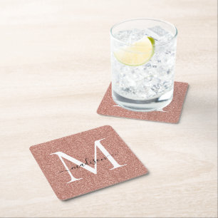 Girly Rose Gold Glitter Sparkle Monogram Script Square Paper Coaster