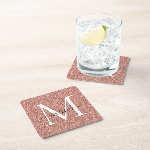 Girly Rose Gold Glitter Sparkle Monogram Script Square Paper Coaster