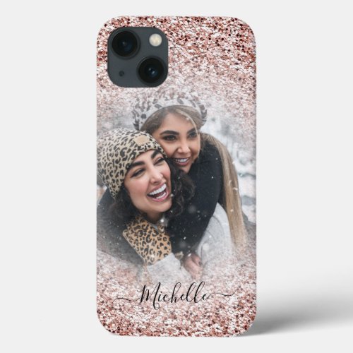Girly Rose Gold Glitter Sparkle Photo Name iPhone 13 Case