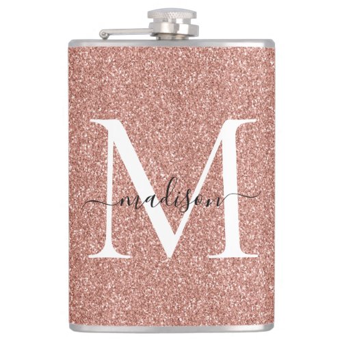 Girly Rose Gold Glitter Sparkle Stylish Monogram Flask