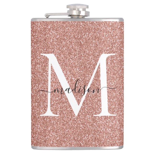 Girly Rose Gold Glitter Sparkle Stylish Monogram Flask (Front)