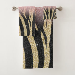 Girly Rose Gold Glitter Sparkles Black Zebra Print Bath Towel Set