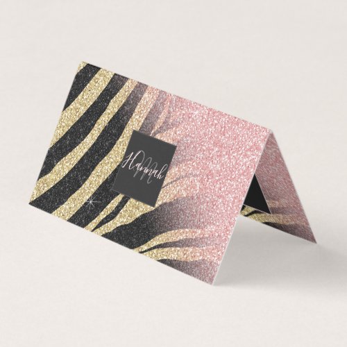 Girly Rose Gold Glitter Sparkles Black Zebra Print Business Card