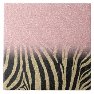 Girly Rose Gold Glitter Sparkles Black Zebra Print Ceramic Tile
