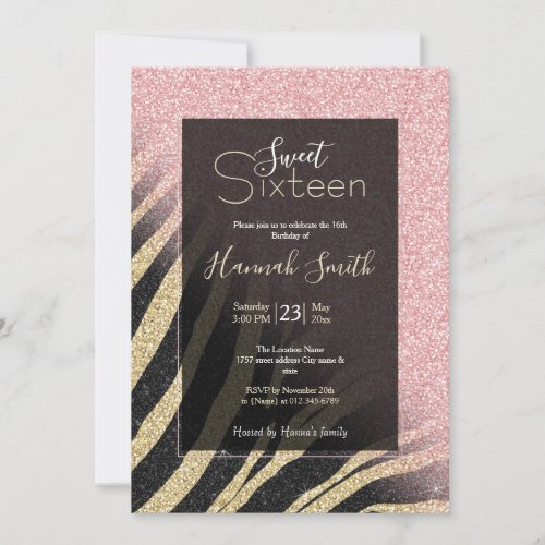 Girly Rose Gold Glitter Sparkles Black Zebra Print Invitation