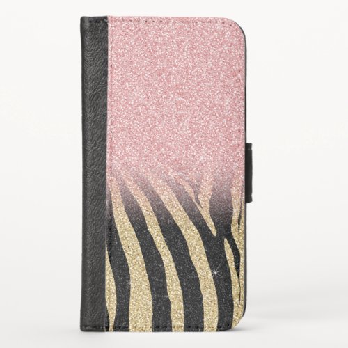 Girly Rose Gold Glitter Sparkles Black Zebra Print iPhone XS Wallet Case