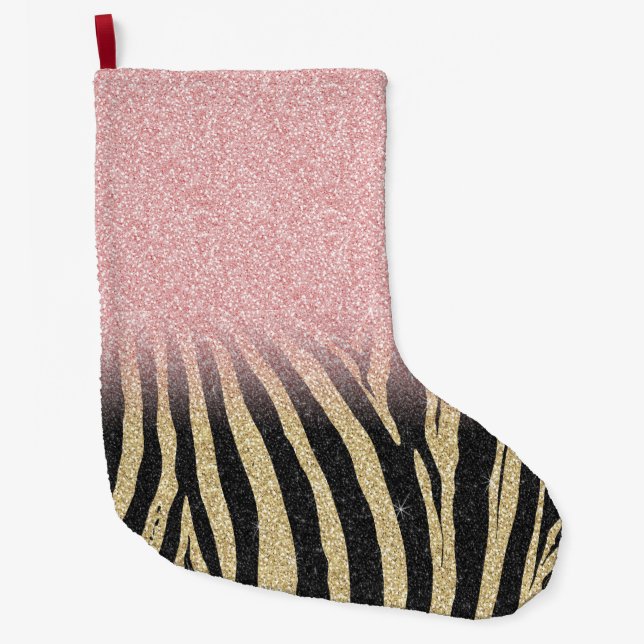 Girly Rose Gold Glitter Sparkles Black Zebra Print Large Christmas Stocking (Front)