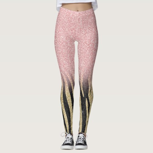 Girly Rose Gold Glitter Sparkles Black Zebra Print Leggings