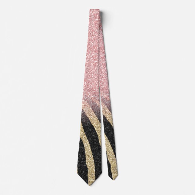 Girly Rose Gold Glitter Sparkles Black Zebra Print Neck Tie (Front)