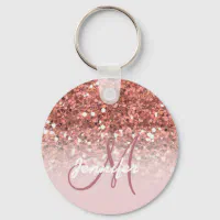 Shiny Rose Gold Pink Glitter Custom Name Monogram Keychain, Zazzle