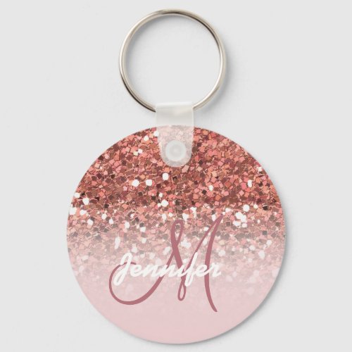 Girly Rose Gold Glitter Sparkles Monogram Name Keychain