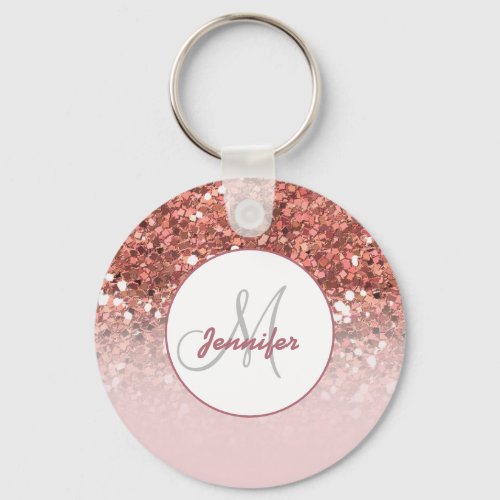 Girly Rose Gold Glitter Sparkles Monogram Name Keychain