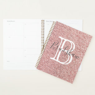 Girly Rose Gold Glitter Sparkles Monogram Name Planner