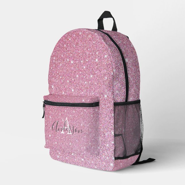 Girly Rose Gold Glitter Sparkles Monogram Name  Pr Printed Backpack (Back Corner Right)