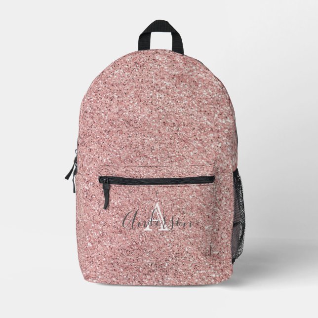 Girly Rose Gold Glitter Sparkles Monogram Name  Printed Backpack (Front)