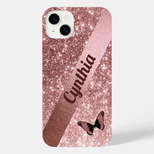 Girly Rose Gold Glitter with Butterfly  Add Name  iPhone 14 Plus Case