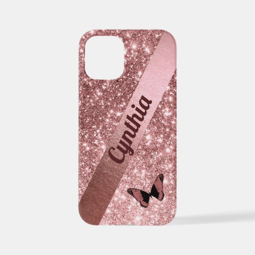 Girly Rose Gold Glitter with Butterfly  Add Name iPhone 12 Mini Case