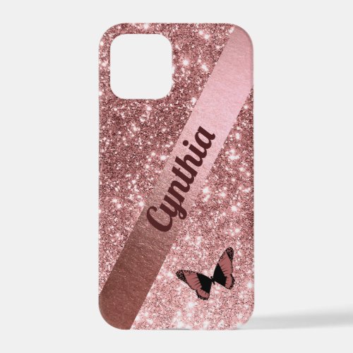 Girly Rose Gold Glitter with Butterfly  Add Name iPhone 12 Pro Case