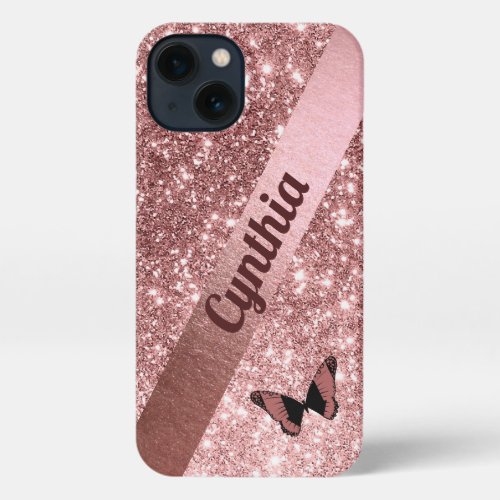 Girly Rose Gold Glitter with Butterfly  Add Name iPhone 13 Case