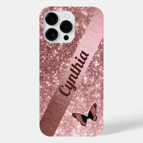 Girly Rose Gold Glitter with Butterfly  Add Name iPhone 14 Pro Max Case