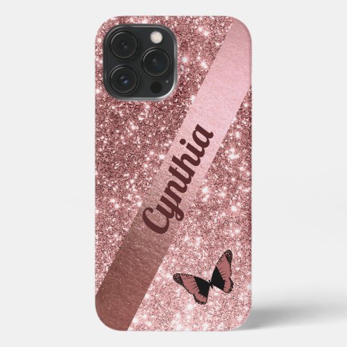 Girly Rose Gold Glitter with Butterfly  Add Name iPhone 13 Pro Max Case