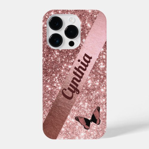 Girly Rose Gold Glitter with Butterfly  Add Name  iPhone 14 Pro Case