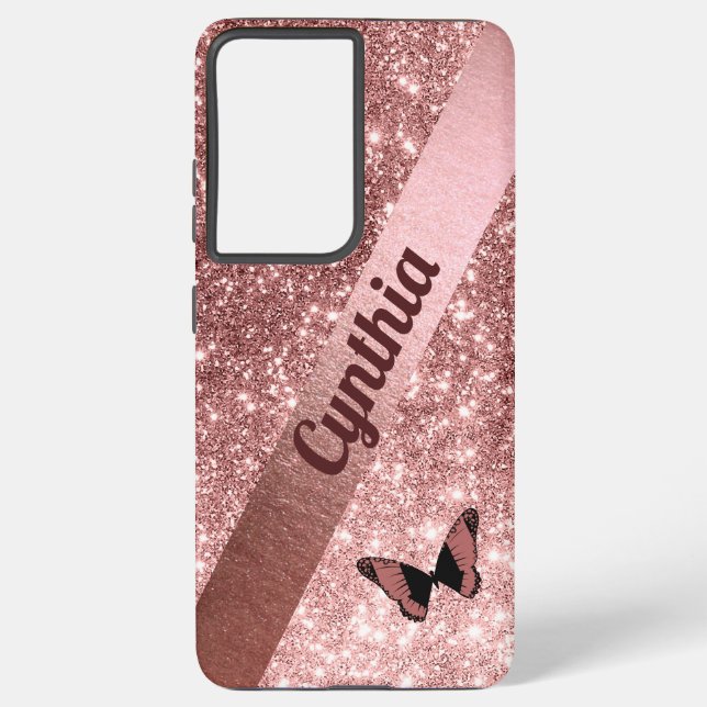 Girly Rose Gold Glitter with Butterfly | Add Name Samsung Galaxy Case (Back)