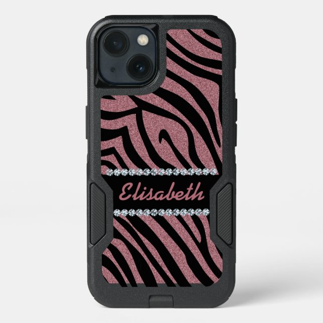 GIRLY ROSE GOLD glitter ZEBRA Diamonds monogram Otterbox iPhone Case (Back)