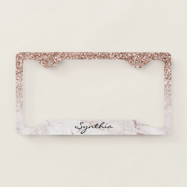 girly rose gold glittering ombre modern marble license plate frame (Front)