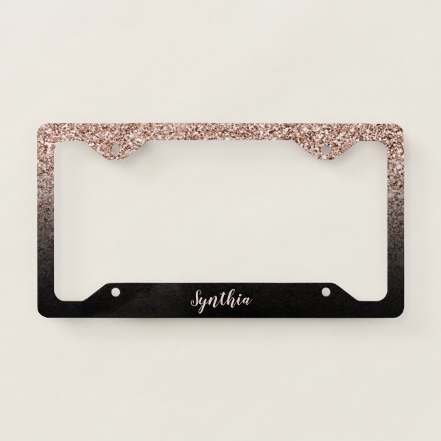 girly rose gold glittering ombre modern trendy license plate frame (Front)