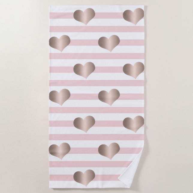 Girly Rose Gold Hearts , Stripes  -Personalized Beach Towel (Front)
