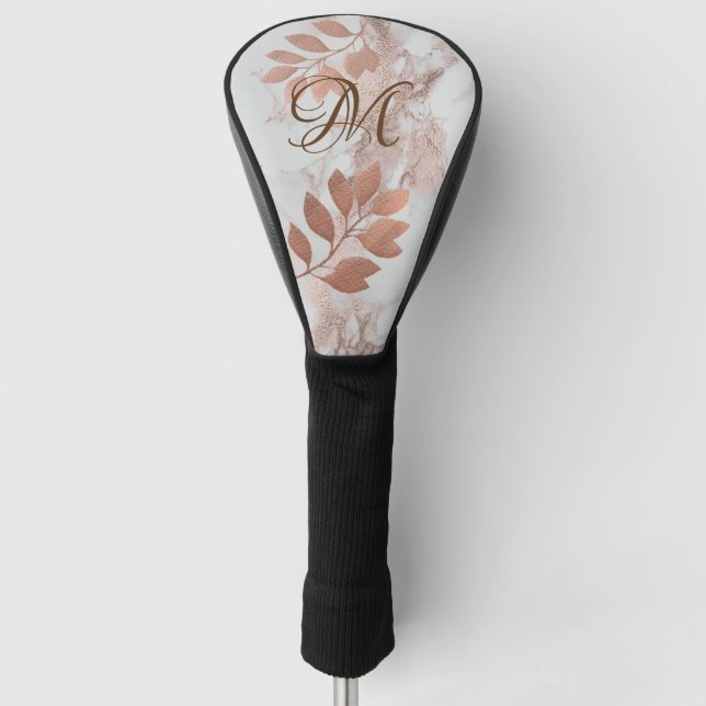 Girly Rose Gold Leaves Monogram Golf Head Cover (Front)