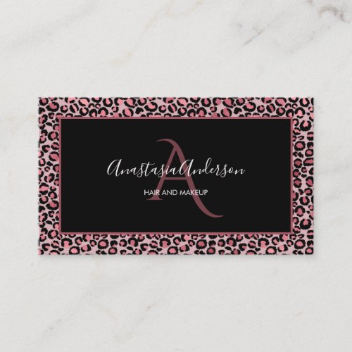 Girly Rose Gold Leopard Spots Chic Black Monogram Business Card