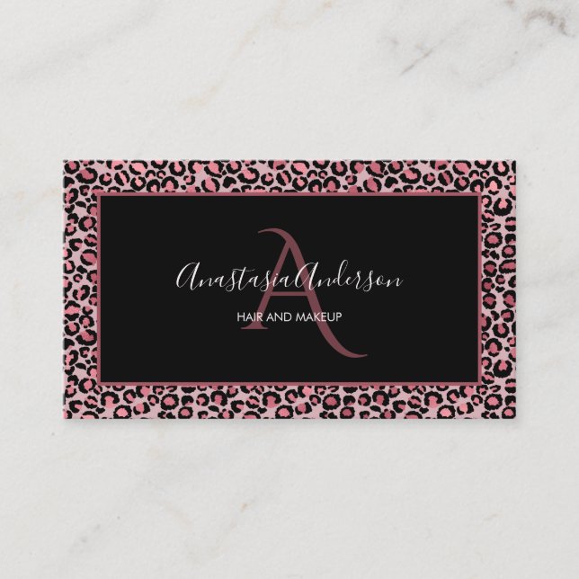 Girly Rose Gold Leopard Spots Chic Black Monogram Business Card (Front)