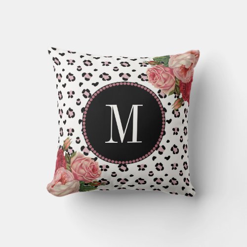 Girly Rose Gold Leopard Vintage Floral Monogram Throw Pillow
