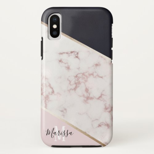 Girly Rose Gold Marble Abstract Monogram iPhone XS Case