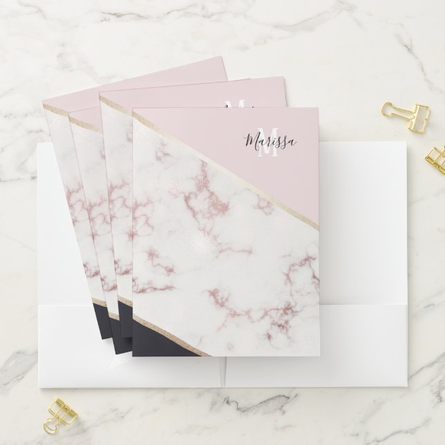 Girly Rose Gold Marble Abstract Monogram Pocket Folder (In Situ)