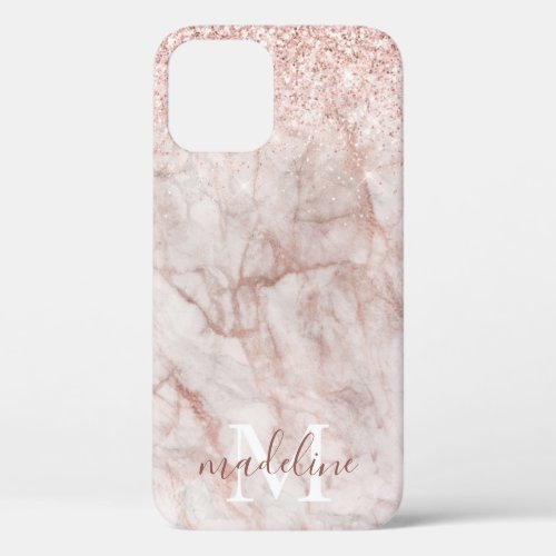Girly Rose Gold Marble Glitter Monogrammed Name  iPhone 12 Case