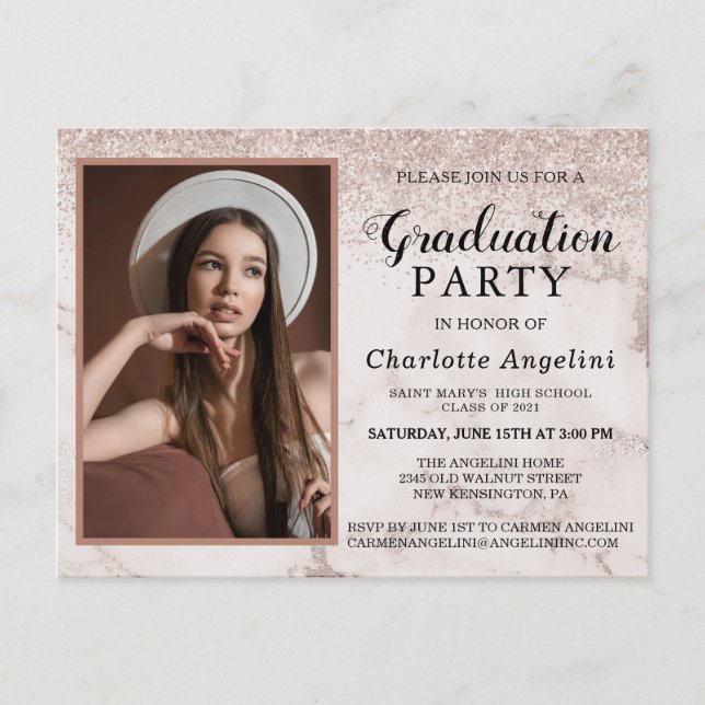 Girly Rose Gold Marble Glitter Photo Graduation Postcard (Front)