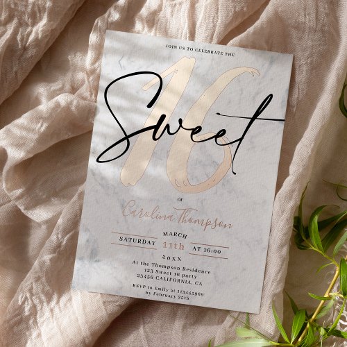 Girly rose gold marble script photo Sweet 16 Foil Invitation